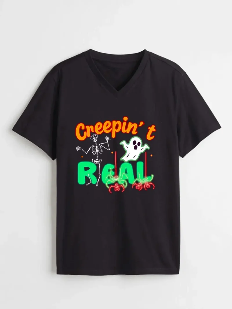 Creepin It Real Shirt  Funny Neon Skeleton And Ghost Halloween Tee T-Shirt - Image 2