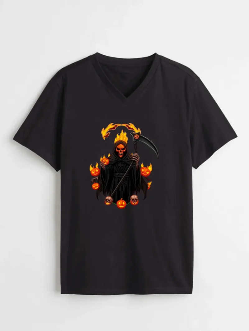 Flaming Pumpkin Reaper Shirt  Scary Halloween Grim Skull Design T-Shirt - Image 2