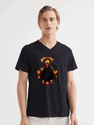 Flaming Pumpkin Reaper Shirt  Scary Halloween Grim Skull Design T-Shirt