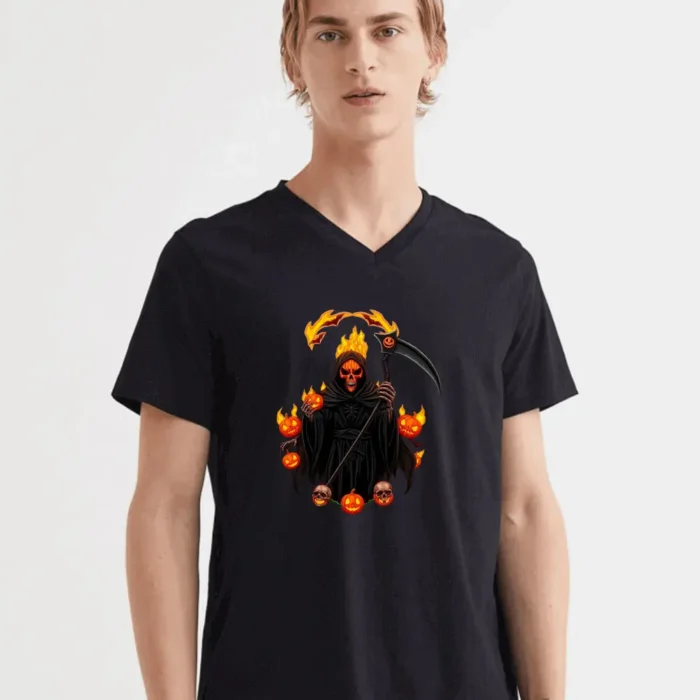 Flaming Pumpkin Reaper Shirt  Scary Halloween Grim Skull Design T-Shirt