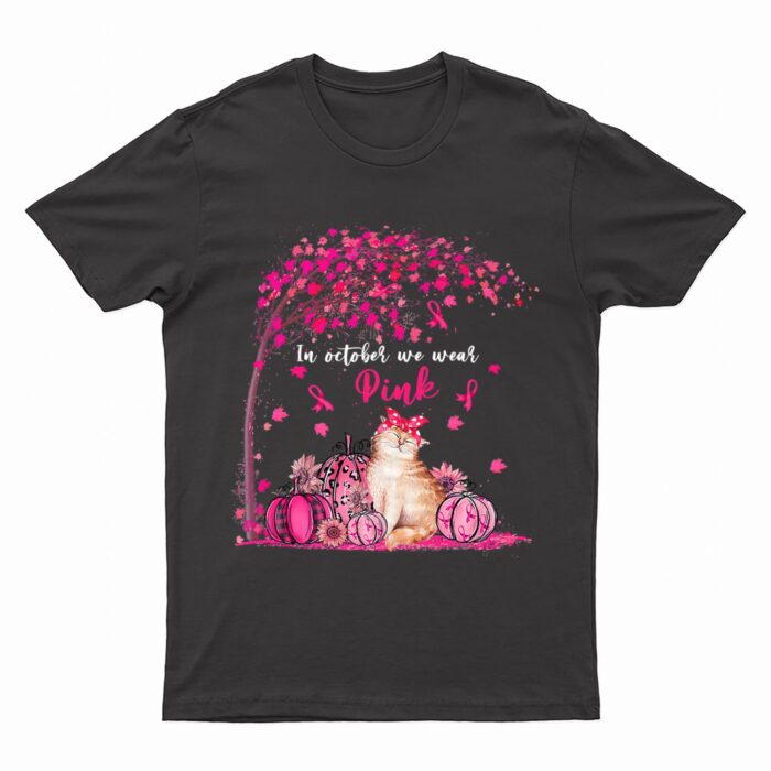 Breast Cancer Awareness In October We Wear Pink Pumpkin Cat Premium T-Shirt
