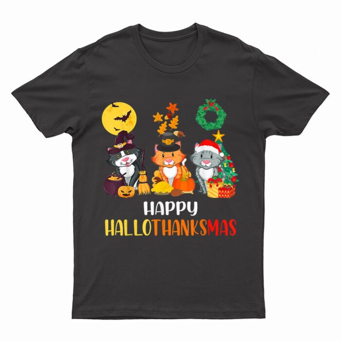 Cat Halloween Christmas Happy Hallothanksmas Thanksgiving T-Shirt