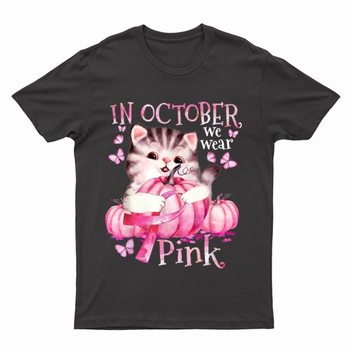 Cat Pumpkin Halloween In October We Wear Pink Breast Cancer T-Shirt