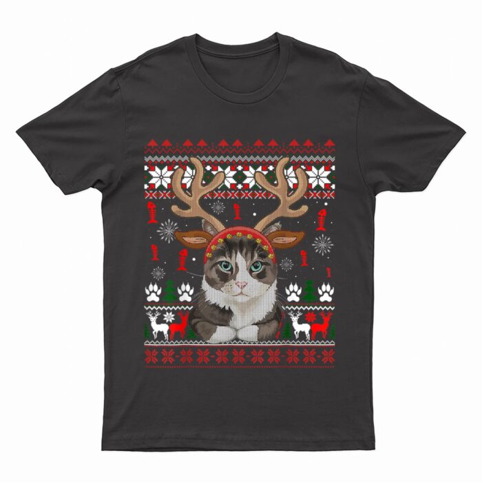 Cat Reindeer Antlers Headband Funny Ugly Christmas Sweater T-Shirt