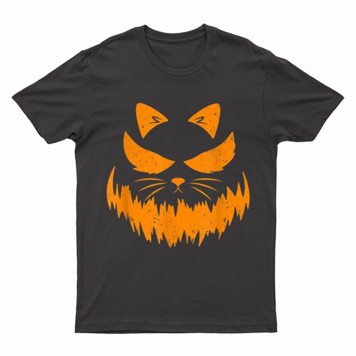 Cat Scary Pumpkin Face Jack O Lantern Halloween Costume T-Shirt