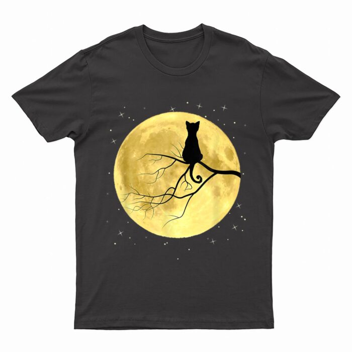 Cat Silhouette On Moon Mystical Cat Halloween Cat And Moon T-Shirt