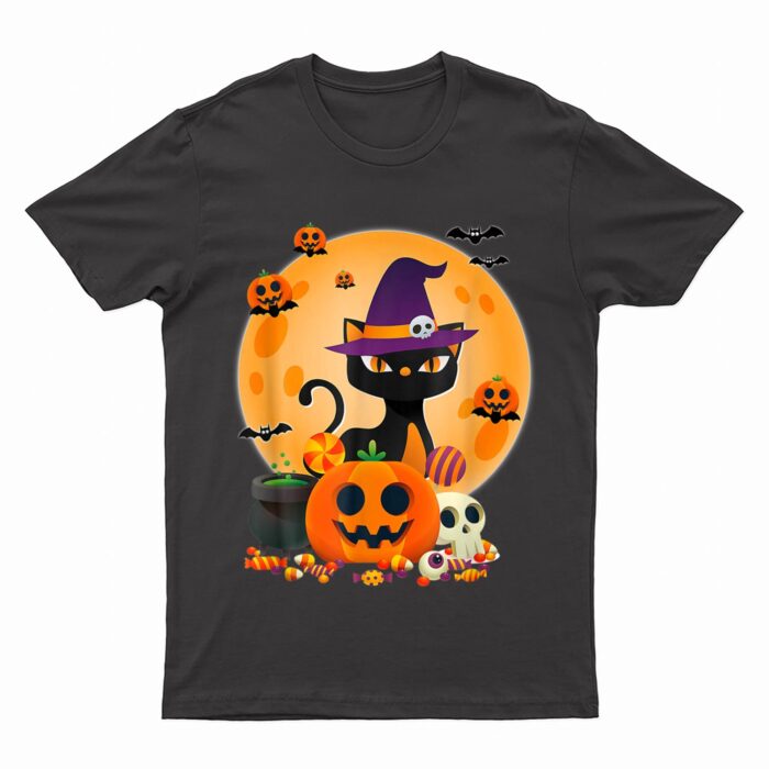 Cat With Witch Hat Pumpkin Bat Moon Cat Funny Halloween T-Shirt