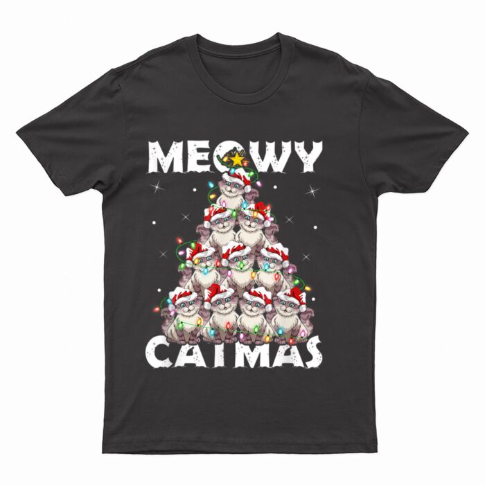 Cat Xmas Lights Santa Meowy Catmas Cat Christmas Ree T-Shirt