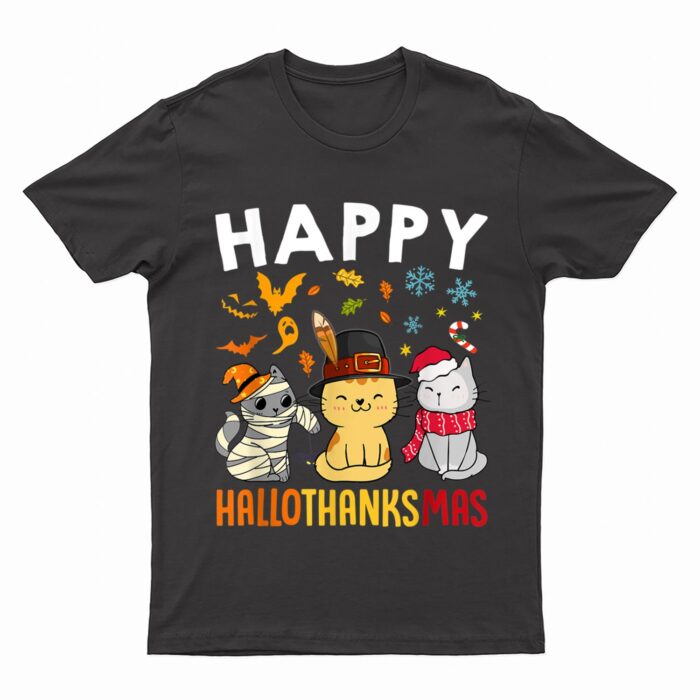 Cats Happy HalloThanksMas Thanksgiving Christmas T-Shirt
