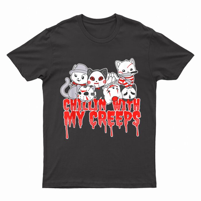 Chillin With My Creeps Cat Horror Serial Killer Halloween T-Shirt