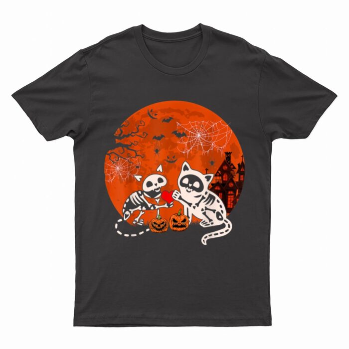 Couple Skeleton Horror Cats Halloween Couple Cat Owner Lover T-Shirt