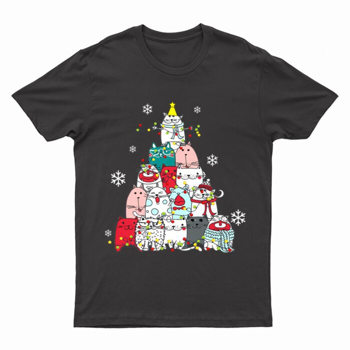 Cute Cat Christmas Tree Lights Snow Xmas Pajama Cat Lover T-Shirt