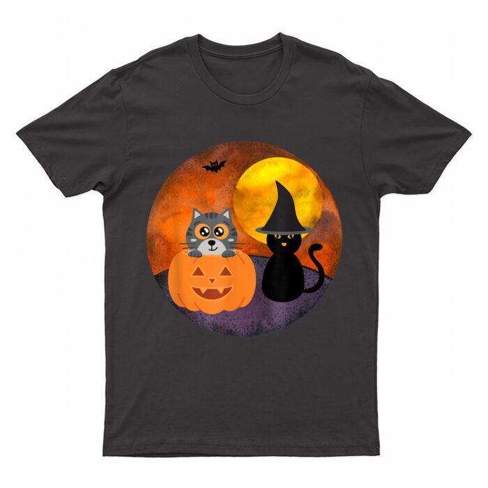Cute Halloween Cat Scene Witch Pumpkin Bat Full Moon T-Shirt