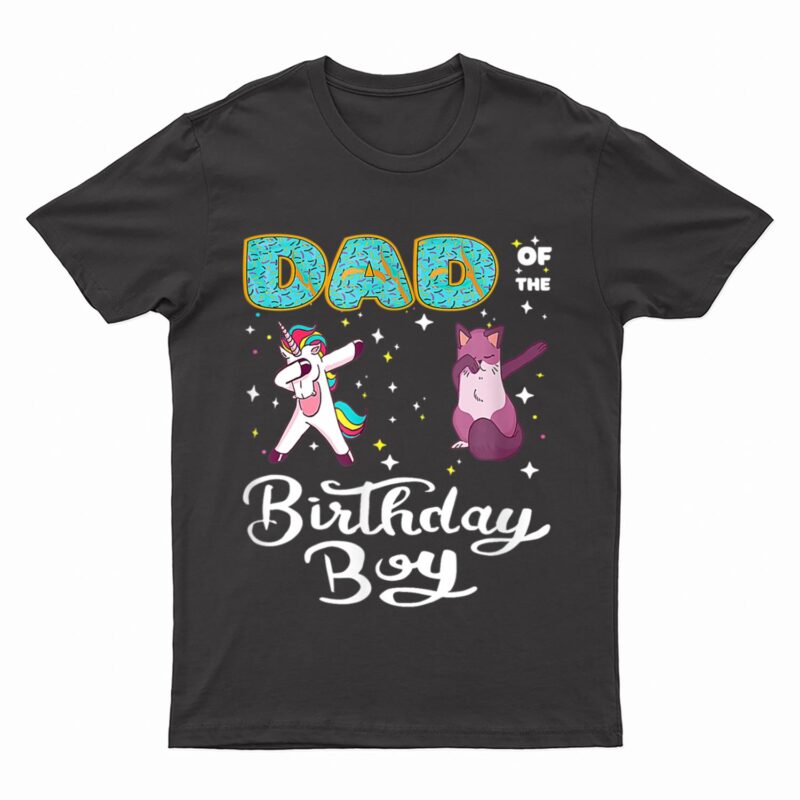 Dad Of He Birthday Boy Donut Dabbing Unicorn Kitten Cat T-Shirt