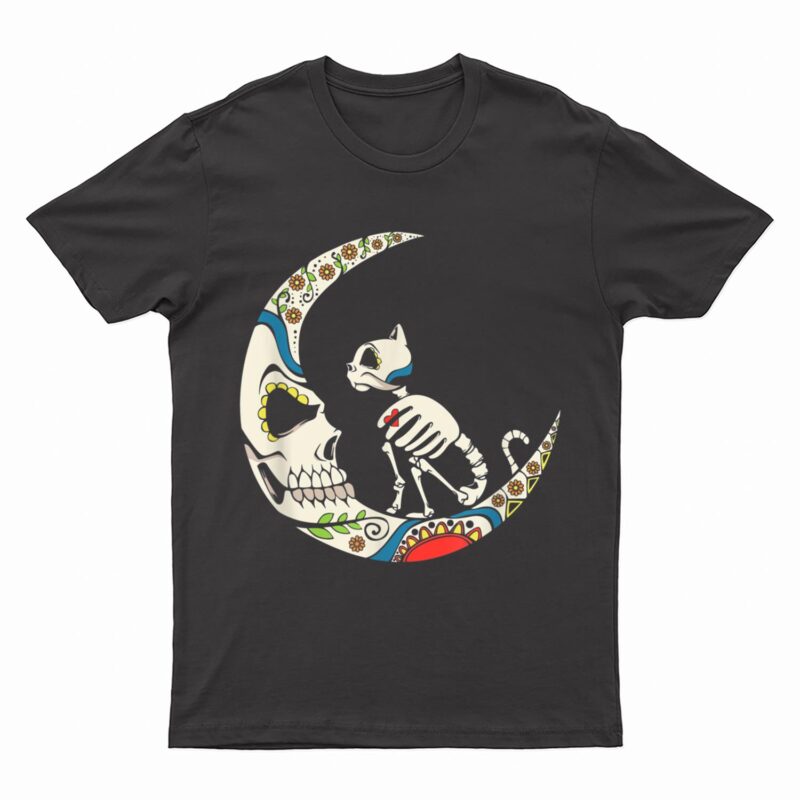 Dia De Los Muertos Crescent Moon And Cat Sugar Skull T-Shirt