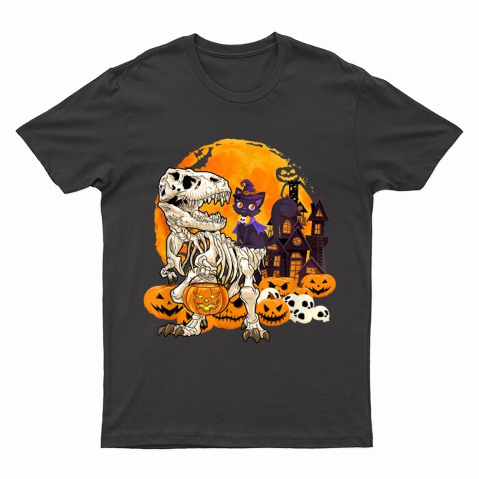 Dinosaur Skeleton Pumpkin With Moon Halloween Cat Witchy T-Shirt