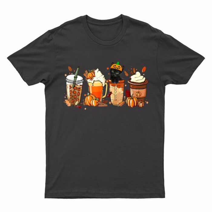 Fall Coffee Pumpkin Spice Latte Iced Autumn Black Cat T-Shirt