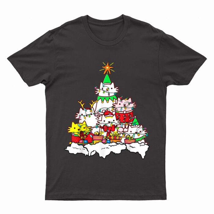 Funny Cat Christmas Tree Lights Costume Matching Pajama Gift T-Shirt