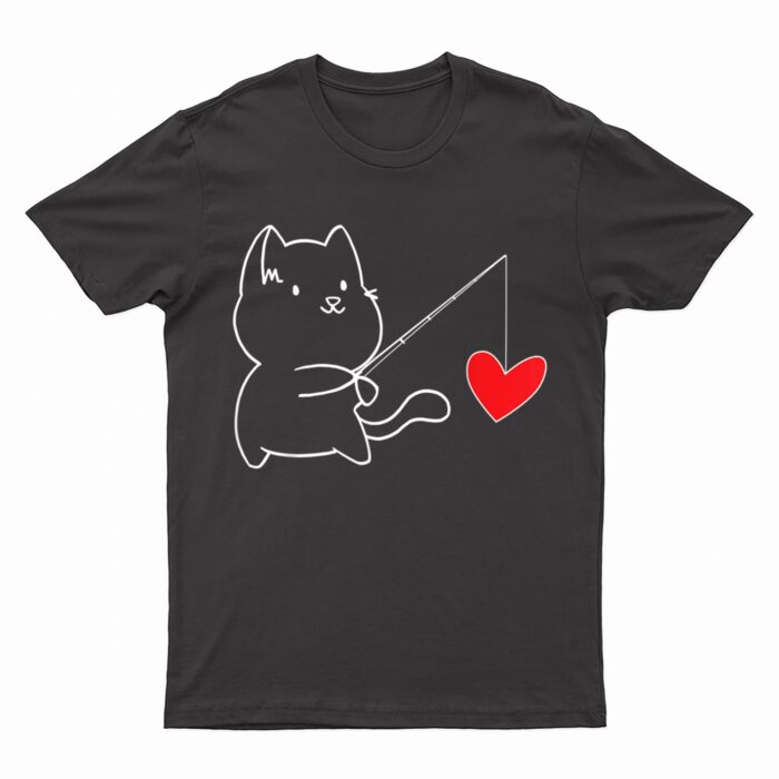 Funny Cat Fishing Heart Valentines Day T-Shirt