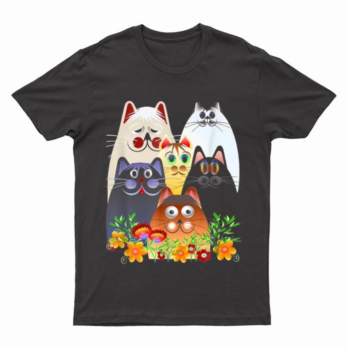 Funny Cat Happy Colorful Flowers T-Shirt