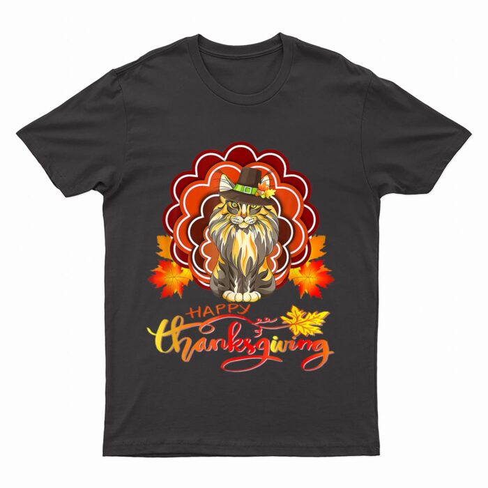 Funny Maine Coon Cat Urkey Happy Hanksgiving T-Shirt