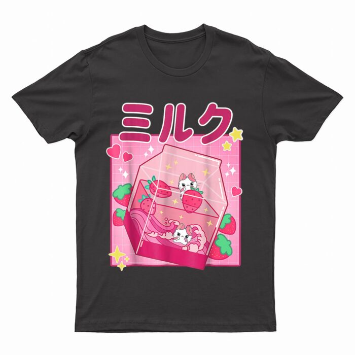 Funny Retro 90s Strawberry Milkshake Carton Kawaii Anime Cat T-Shirt