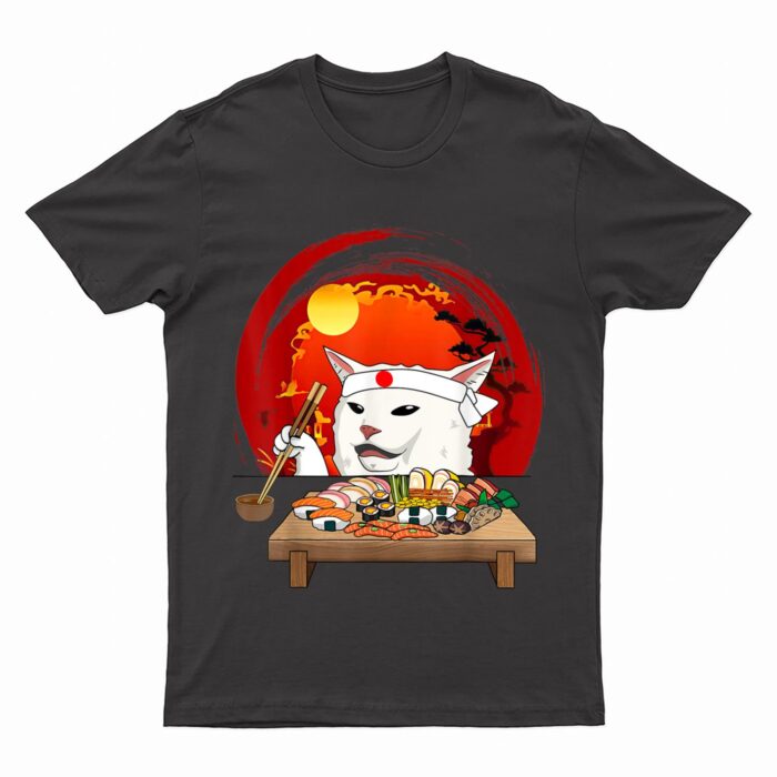 Funny White Cat Meme Eating Sushi Kawaii Sushi Cat T-Shirt