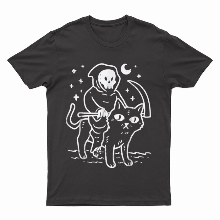 Grim Reaper Riding Cat Moon Funny Death Halloween Costume T-Shirt