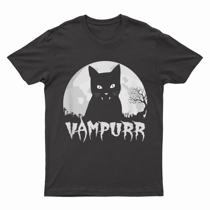 Halloween Black Cat Vampire With Full Moon - Vampurr Pun T-Shirt