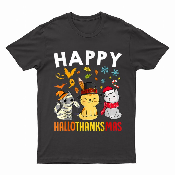 Halloween Thanksgiving Christmas Happy HalloThanksMas Cats T-Shirt