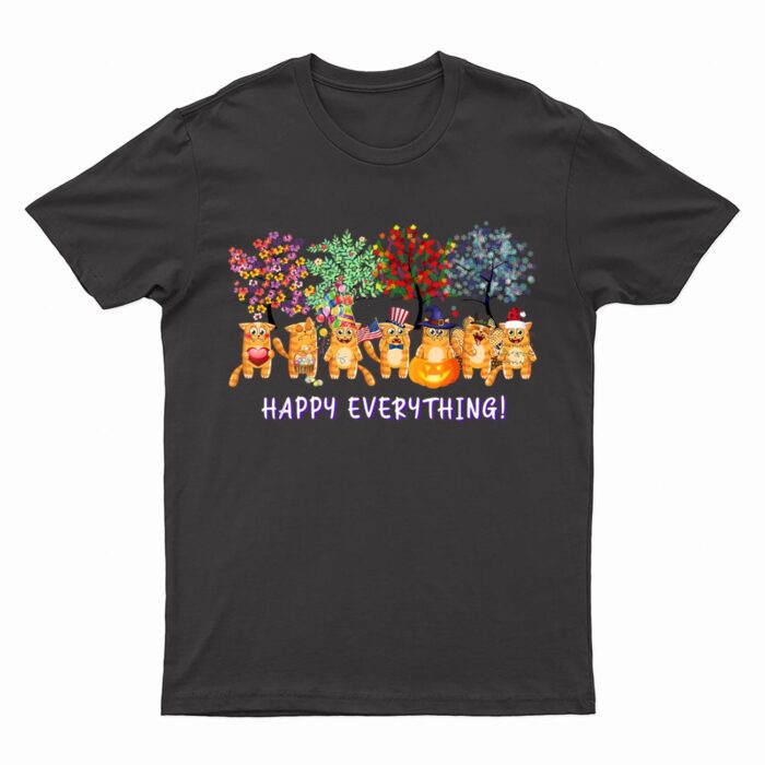 Happy Everything cat Seasons All Year Tree funny cat lover T-Shirt