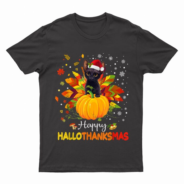 Happy Hallothanksmas Cat Halloween Thanksgiving Christmas T-Shirt