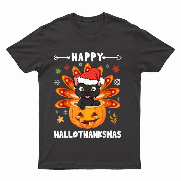 Happy Hallothanksmas Cat Turkey Cat Thanksgiving Christmas T-Shirt