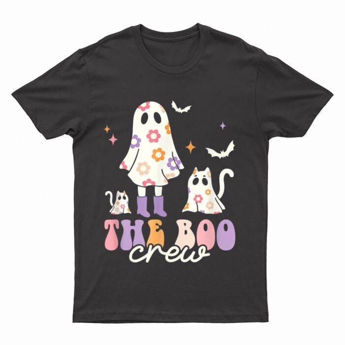 He Boo Crew Spooky Season Ghost Cat Halloween Groovy Retro T-Shirt