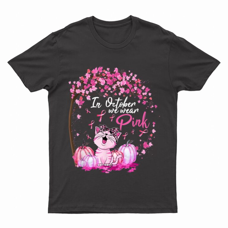 In October We Wear Pink Leopard Cat Breast Cancer Awareness T-Shirt