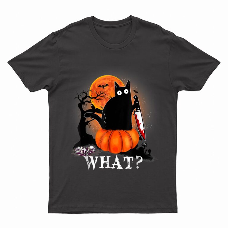 Killer Halloween Scary Moon Black Cat With Knife Pumpkin T-Shirt