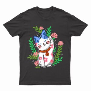 Maneki neko Lucky Japanese Cat Floral Botanical T-Shirt