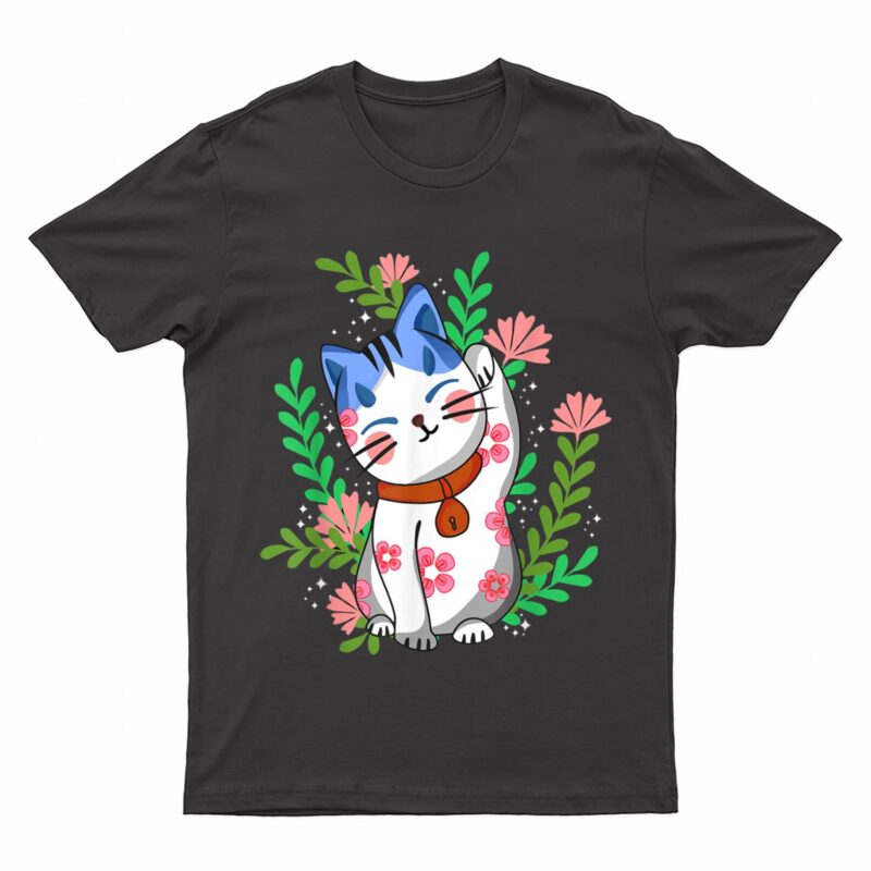 Maneki neko Lucky Japanese Cat Floral Botanical T-Shirt