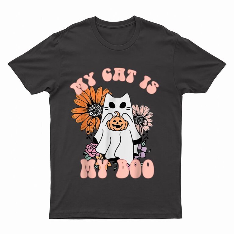 My Cat Is My Boo Floral Groovy Ghost Cat Spooky Halloween T-Shirt