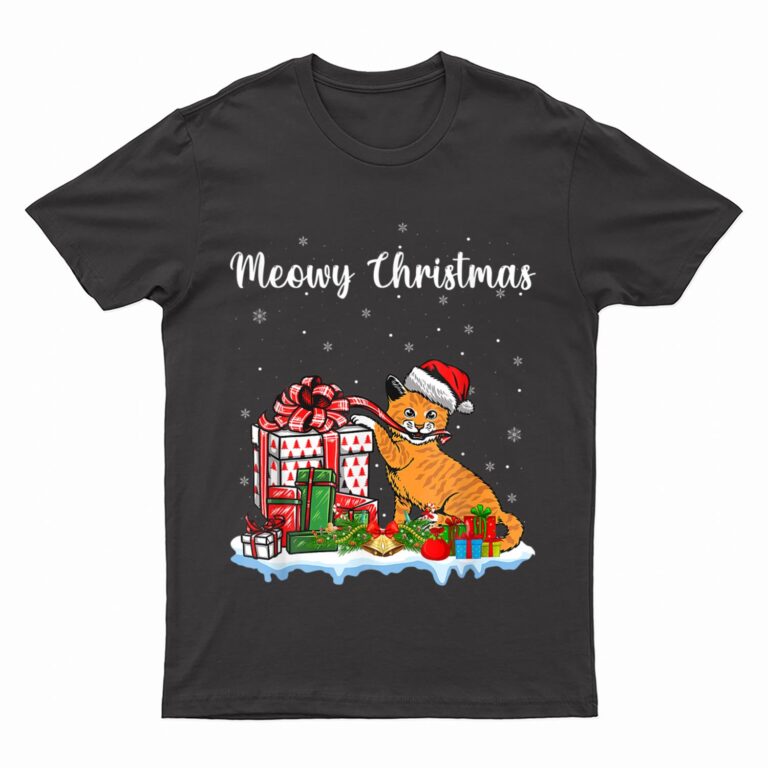 Santa Hat Cat Xmas For Girls Kids Meowy Cat Christmas T-Shirt