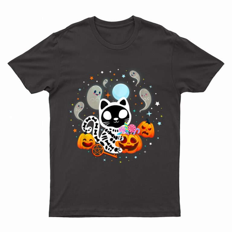 Skeleton Cat Halloween Shirt Kids Spooky Black Cat Halloween T-Shirt