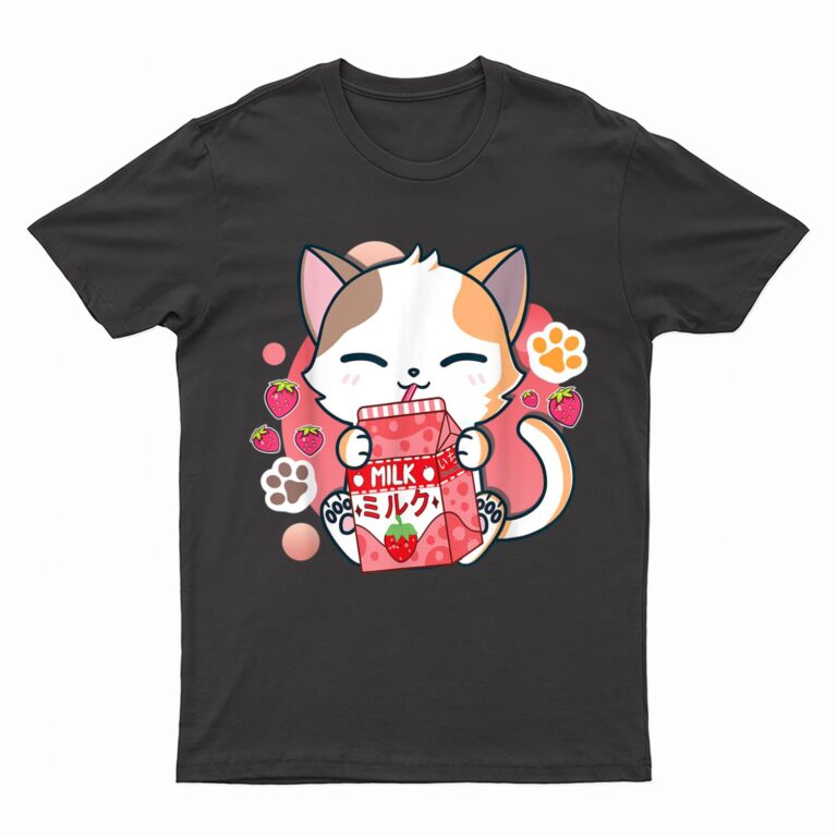 Strawberry Milk Cat Cute Kawaii Kitten Anime Gift Teen Girls T-Shirt