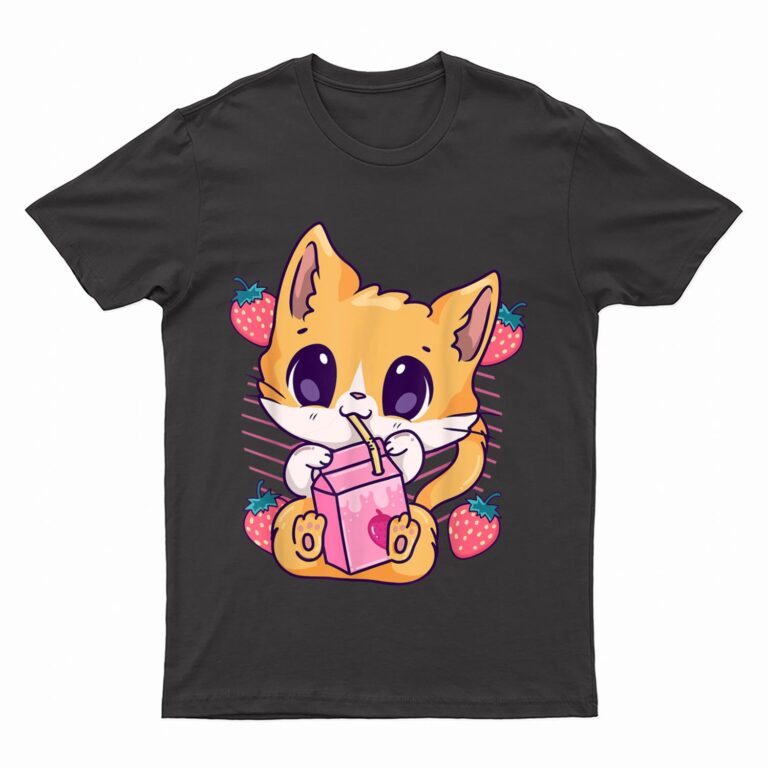 Strawberry Milk Cat Cute Kawaii Kitten Anime Neko Shake T-Shirt