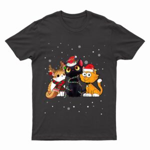 Three Cat Christmas Funny Kitty Santa Hat And Lights Gifts T-Shirt