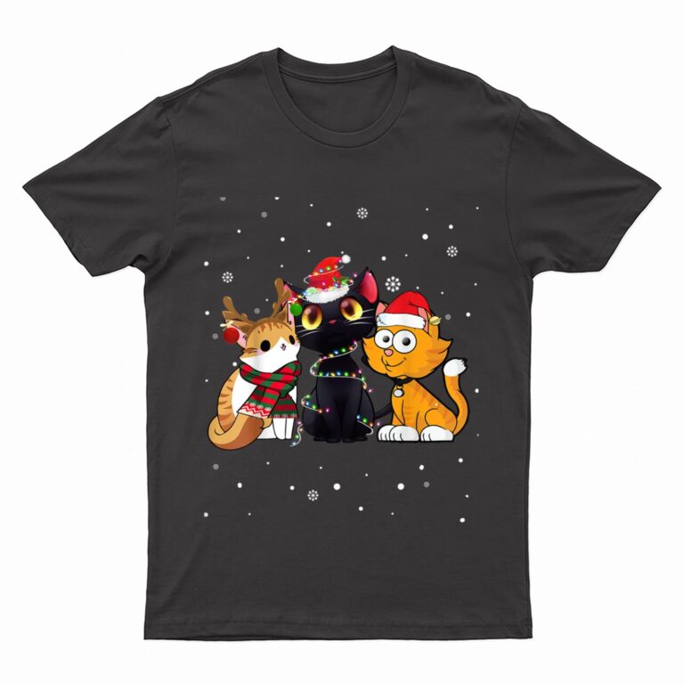 Three Cat Christmas Funny Kitty Santa Hat And Lights Gifts T-Shirt