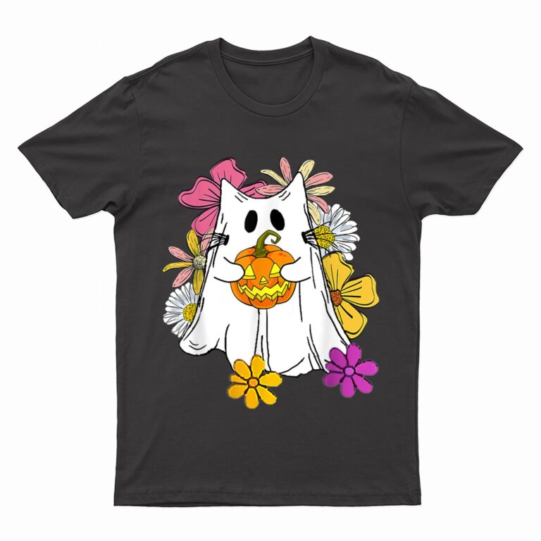 Vintage Floral Ghost Cat Halloween Graphic T-Shirt