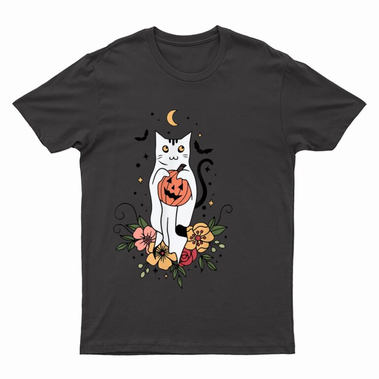 Vintage Floral Halloween Cat Ghost Pumpkin Auntum Women Kids T-Shirt